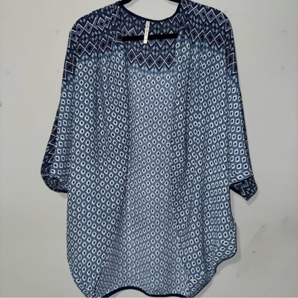 Willow &‎ Clay Blue Geometric Ikat Diamond Print Open Front Kimono Cardigan OS